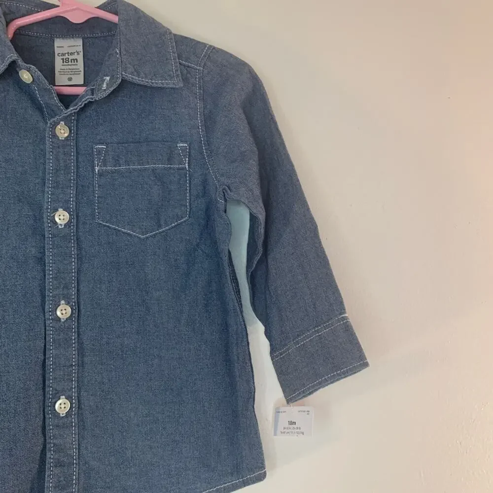 CARTER'S Boy’s Light Weight Denim Long Sleeve Button Down Shirt /Size: 18 MO